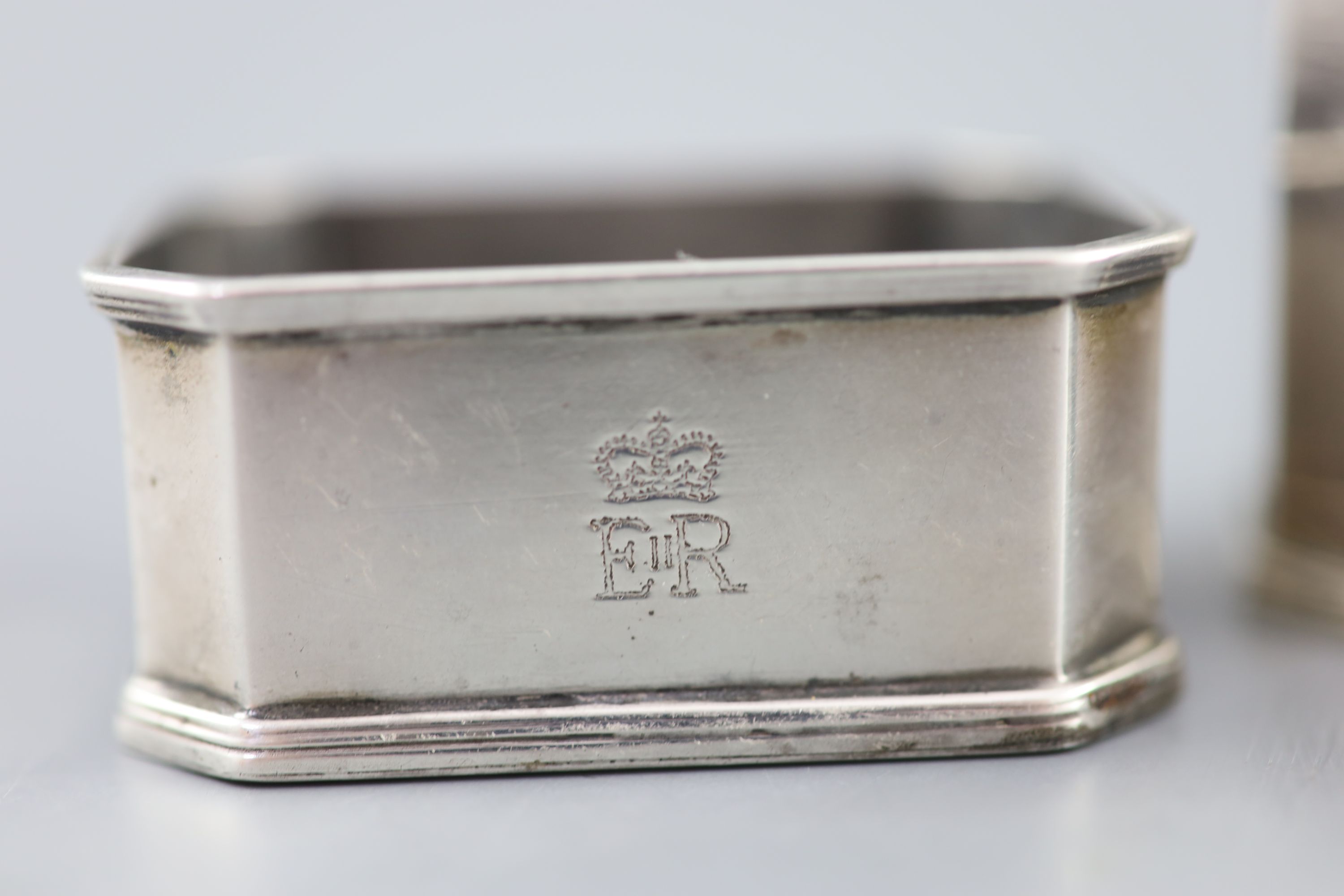 Royal Interest - a three piece silver cruet set, engraved with Queen Elizabeth II Cypher, Walker & Hall 1956?